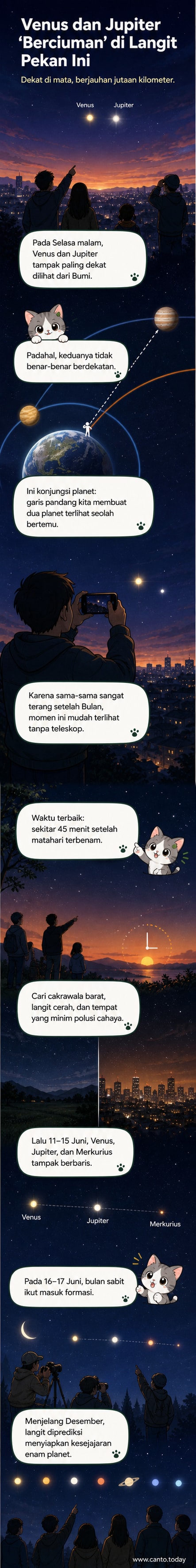 Ilustrasi dua planet terang, Venus dan Jupiter, tampak sangat dekat di langit senja dengan latar belakang cakrawala barat dan siluet pengamat langit memandang ke atas.