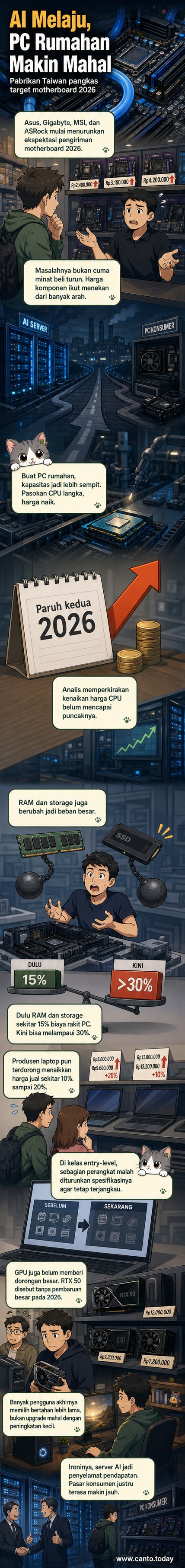 Ilustrasi motherboard PC dengan latar belakang grafik penurunan pengiriman dan panah harga komponen yang melambung, menunjukkan tekanan pada industri perangkat keras konsumen.