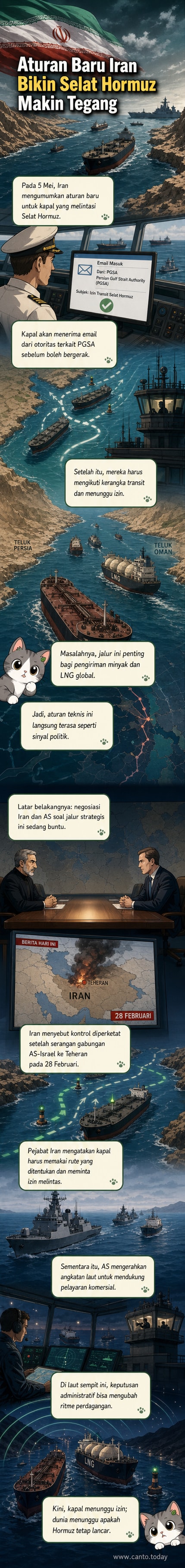 Ilustrasi kapal tanker melintasi Selat Hormuz dengan simbol peringatan dan pesan 'aturan baru berlaku'.
