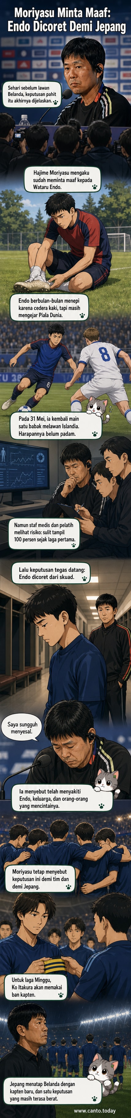 Pelatih Hajime Moriyasu menunduk saat konferensi pers, dengan gambar Wataru Endo dan Ko Itakura di latar belakang.