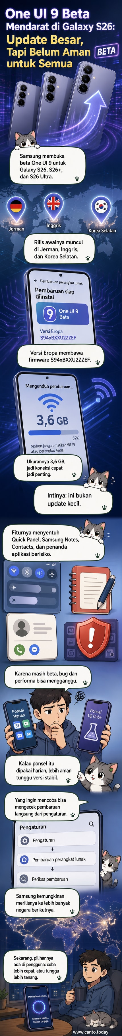 Ilustrasi smartphone Samsung Galaxy S26 dengan tampilan antarmuka One UI 9 beta.