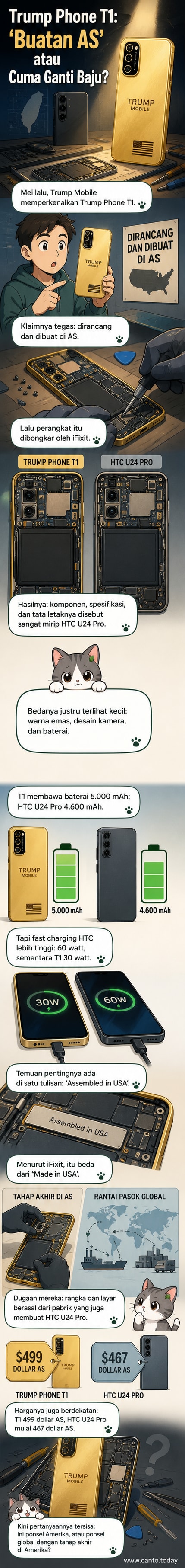 Ilustrasi dua ponsel berdampingan: satu berwarna emas dengan logo Trump, satunya abu-abu dengan logo HTC, menunjukkan kesamaan desain internal.
