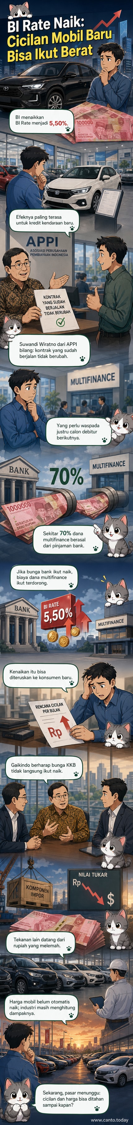 Ilustrasi mobil dan grafik suku bunga naik, dengan simbol rupiah melemah di latar belakang.