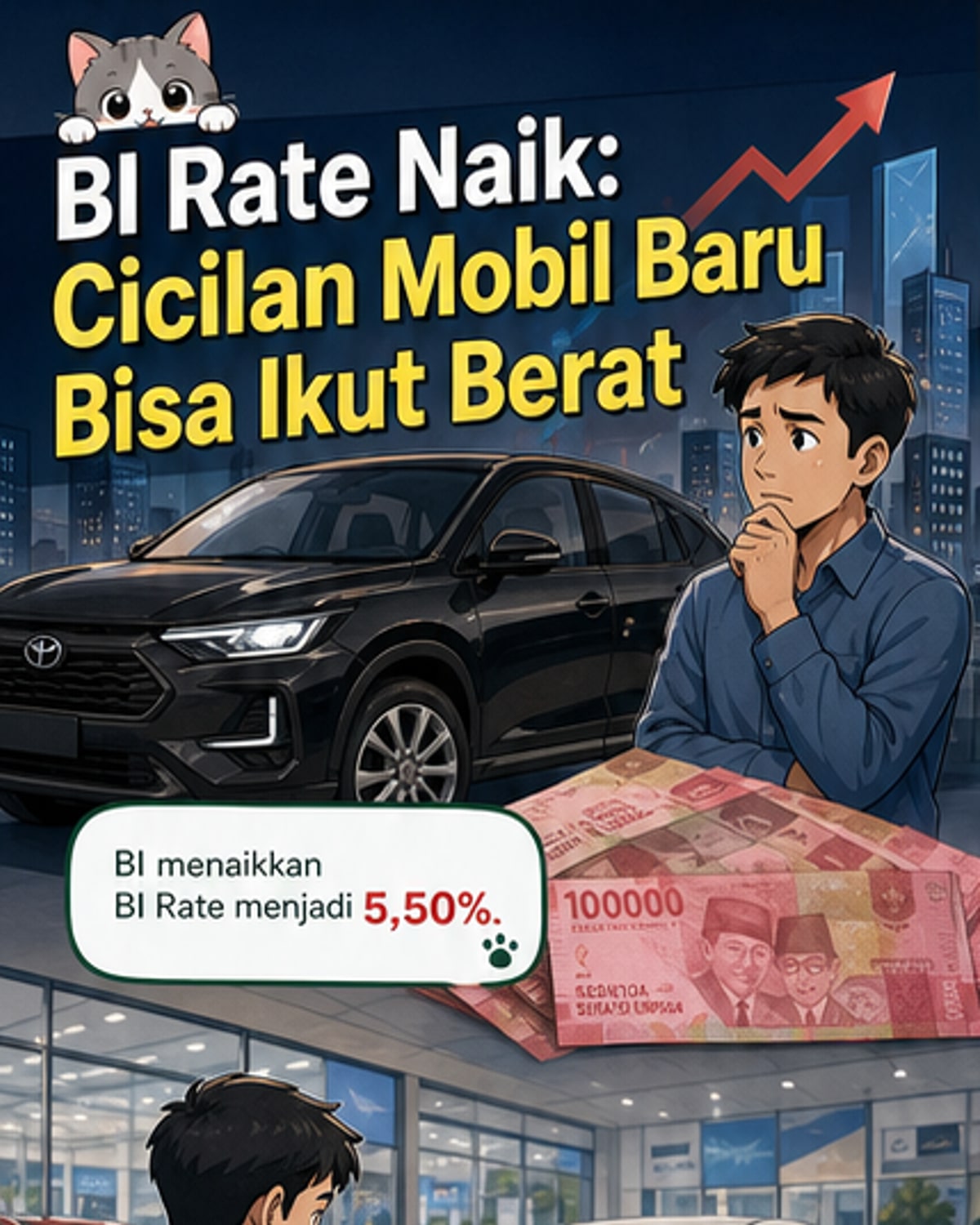 Ilustrasi mobil dan grafik suku bunga naik, dengan simbol rupiah melemah di latar belakang.