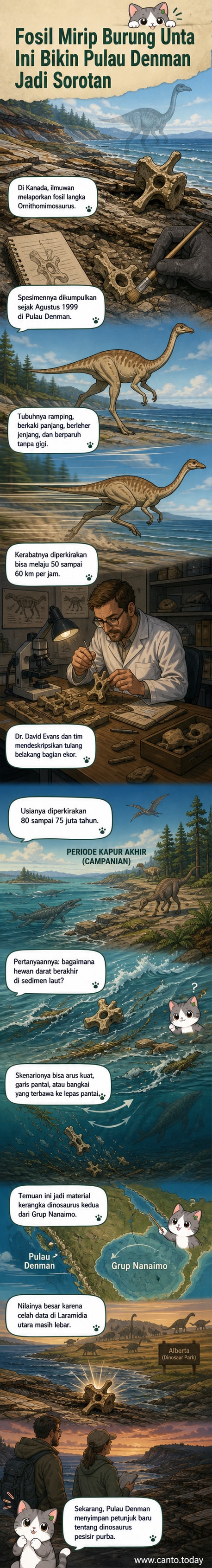 Ilustrasi dinosaurus mirip burung unta dengan kaki panjang dan leher jenjang, berdiri di lingkungan pesisir zaman Kapur, dengan latar laut purba dan formasi batuan Kanada.