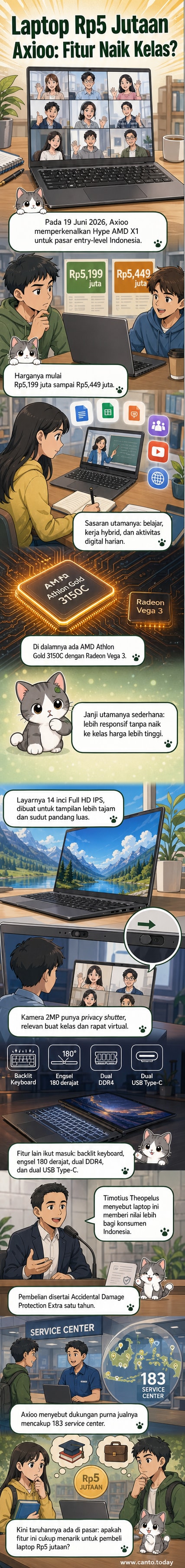 Ilustrasi laptop Axioo Hype AMD X1 dengan layar terbuka menunjukkan tampilan antarmuka digital, dikelilingi ikon aktivitas belajar dan bekerja.