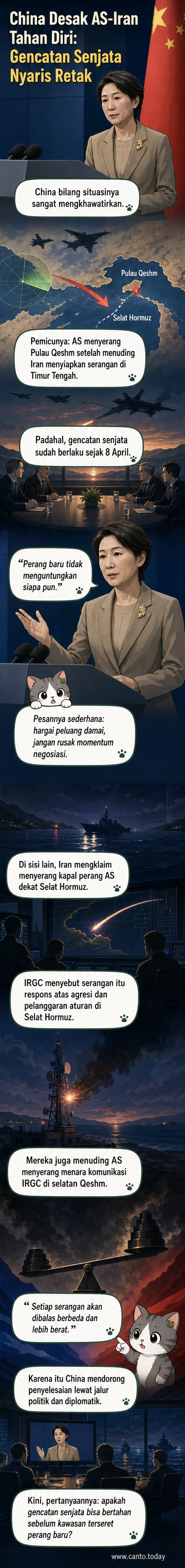 Ilustrasi konflik antara kapal perang AS dan rudal Iran di Selat Hormuz, dengan latar belakang Pulau Qeshm dan simbol gencatan senjata yang retak.