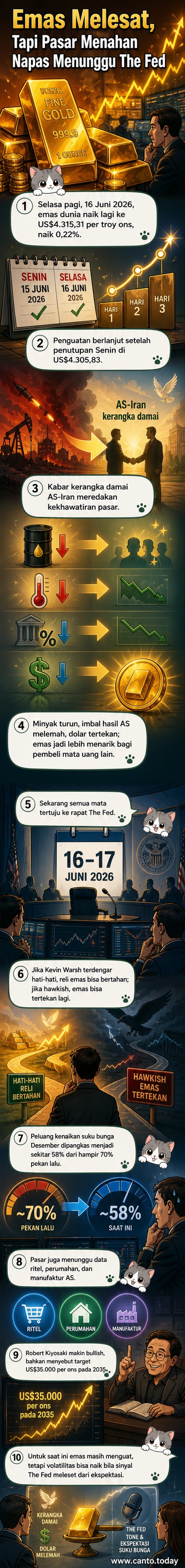 Grafik harga emas dunia menanjak ke level US$4.315 per troy ons, dengan ilustrasi latar belakang simbol The Fed dan bendera AS-Iran.