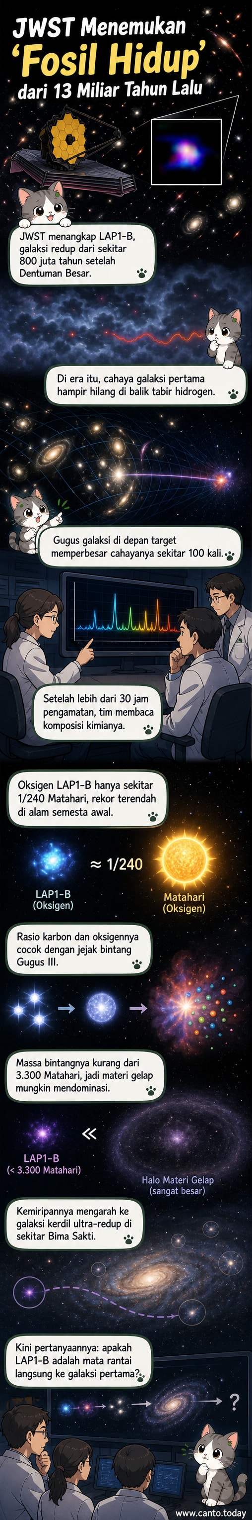 Ilustrasi galaksi kuno LAP1-B dengan cahaya merah pudar, dilihat melalui teleskop James Webb dengan latar belakang alam semesta dalam tahap awal.