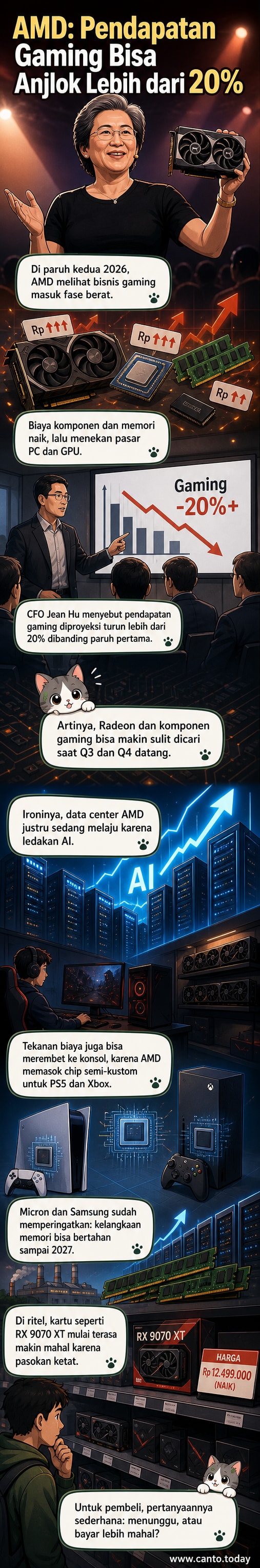 Ilustrasi CEO AMD Lisa Su memegang prosesor Ryzen, latar belakang grafis menunjukkan tren penurunan pendapatan gaming dan kenaikan biaya komponen.