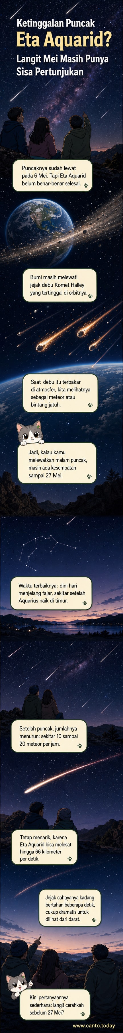 Ilustrasi hujan meteor Eta Aquarid dengan lintasan cahaya terang di langit malam, berasal dari jejak Komet Halley.