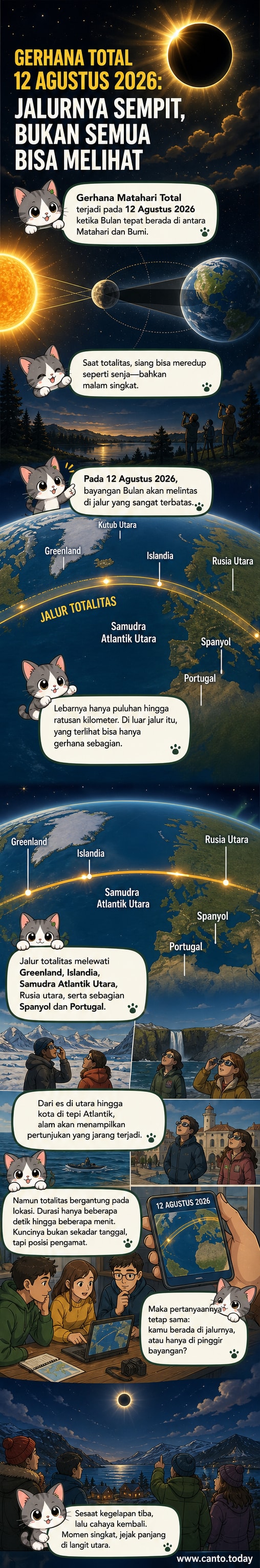 Ilustrasi gerhana matahari total dengan Bulan menutupi Matahari sepenuhnya, langit gelap di siang hari, dan pemandangan dari lokasi pengamatan di Greenland hingga Spanyol.
