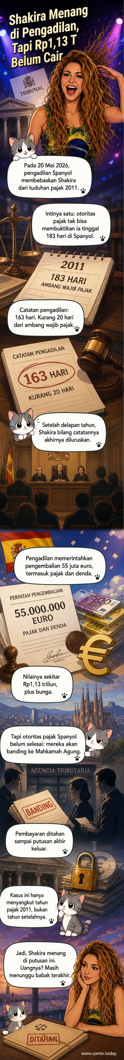 Ilustrasi penyanyi Shakira berdiri di depan gedung pengadilan Spanyol dengan latar surat keputusan yang menyatakan ia bebas dari tuduhan penipuan pajak dan pengembalian dana Rp 1,13 triliun.