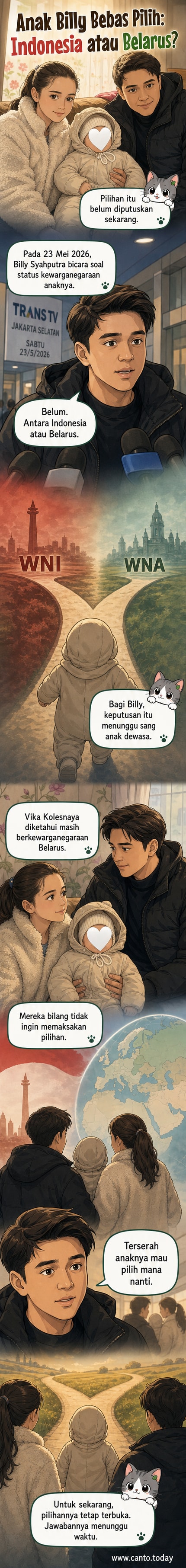 Ilustrasi Billy Syahputra dan Vika Kolesnaya bersama bayi mereka, dengan dua bendera Indonesia dan Belarus di latar belakang, menunjukkan pilihan kewarganegaraan yang akan ditentukan di masa depan.