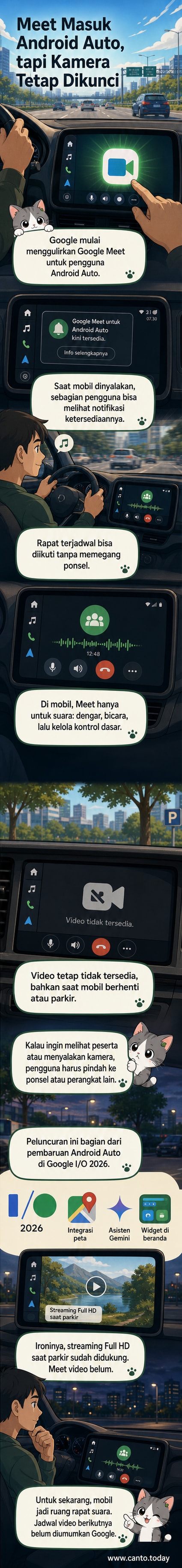 Ilustrasi layar Android Auto di dashboard mobil menampilkan antarmuka Google Meet dengan ikon mikrofon menyala, menunjukkan rapat suara sedang berlangsung.