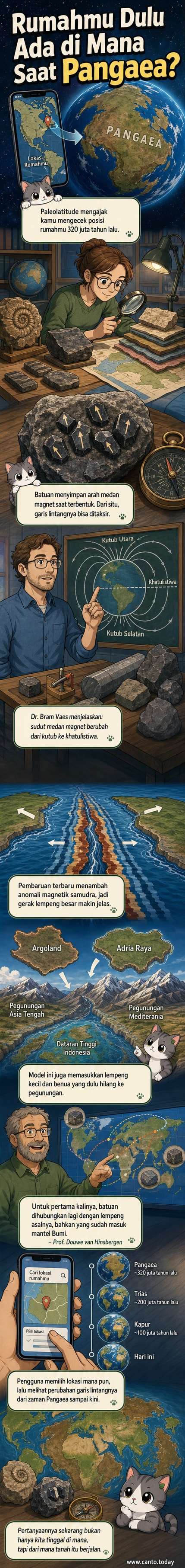Ilustrasi benua super Pangaea dengan lokasi rumah pengguna ditandai, berdampingan dengan peta dunia modern yang menunjukkan pergerakan lempeng tektonik selama ratusan juta tahun.