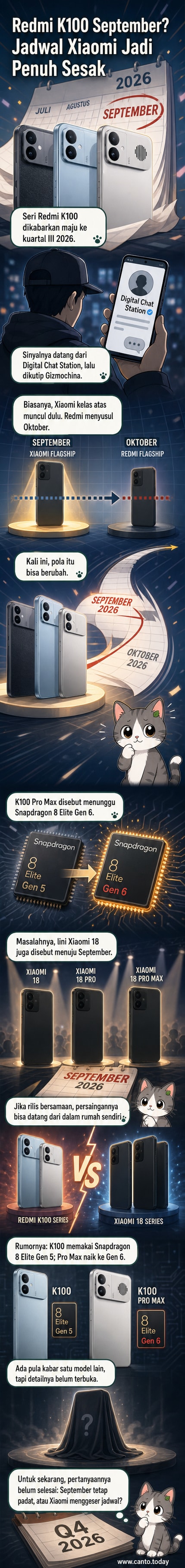 Ilustrasi ponsel Redmi K100 dengan desain futuristik dan layar besar, berlatar belakang kalender bulan September 2026 dan logo Snapdragon