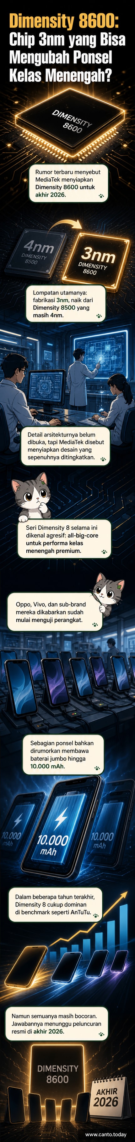 Ilustrasi chip MediaTek Dimensity 8600 dengan desain teknologi 3nm dan ponsel dengan baterai besar