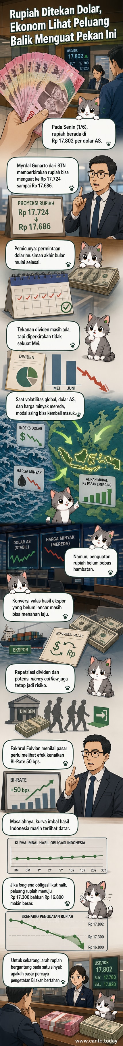 Petugas penukaran uang menunjukkan pecahan rupiah di gerai penukaran Jakarta, dengan latar belakang layar nilai tukar yang menunjukkan penguatan.
