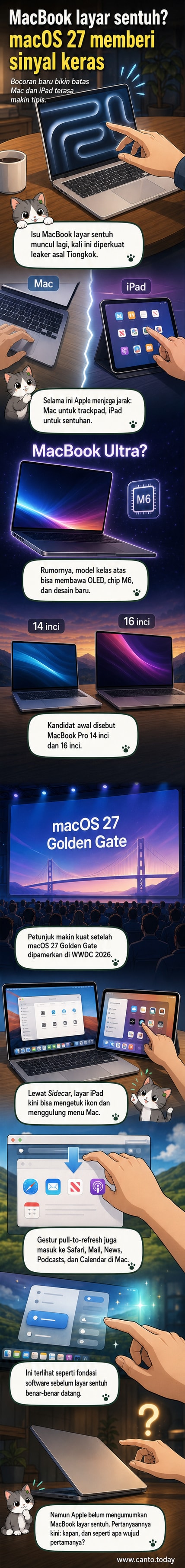 Ilustrasi MacBook dengan layar sentuh dan jari yang menyentuh ikon aplikasi, dengan latar macOS terbaru yang menampilkan gestur pull-to-refresh.