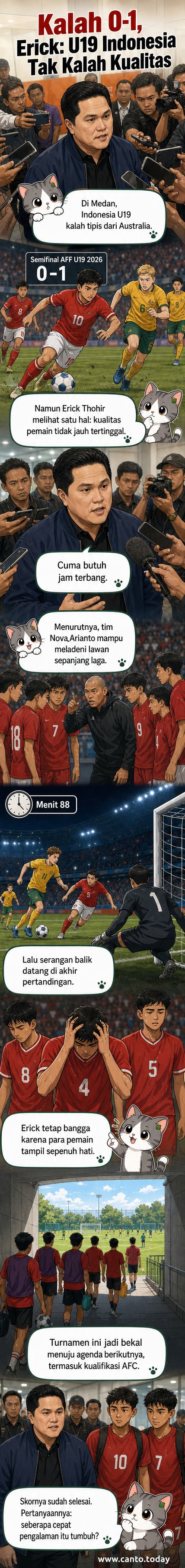 Pemain Timnas Indonesia U19 berlari di lapangan saat laga melawan Australia di semifinal Piala AFF U19 2026 di Medan, dengan latar belakang penonton dan bendera Indonesia.
