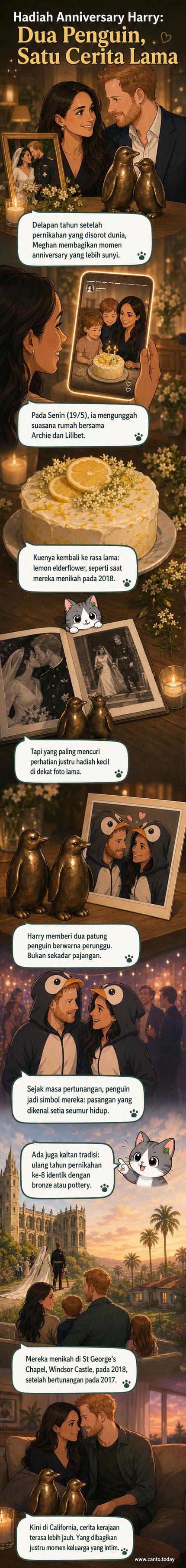 Ilustrasi pasangan Meghan Markle dan Pangeran Harry merayakan anniversary dengan kue dan patung penguin perunggu di rumah mereka, disertai foto lama pesta pertunangan mereka.