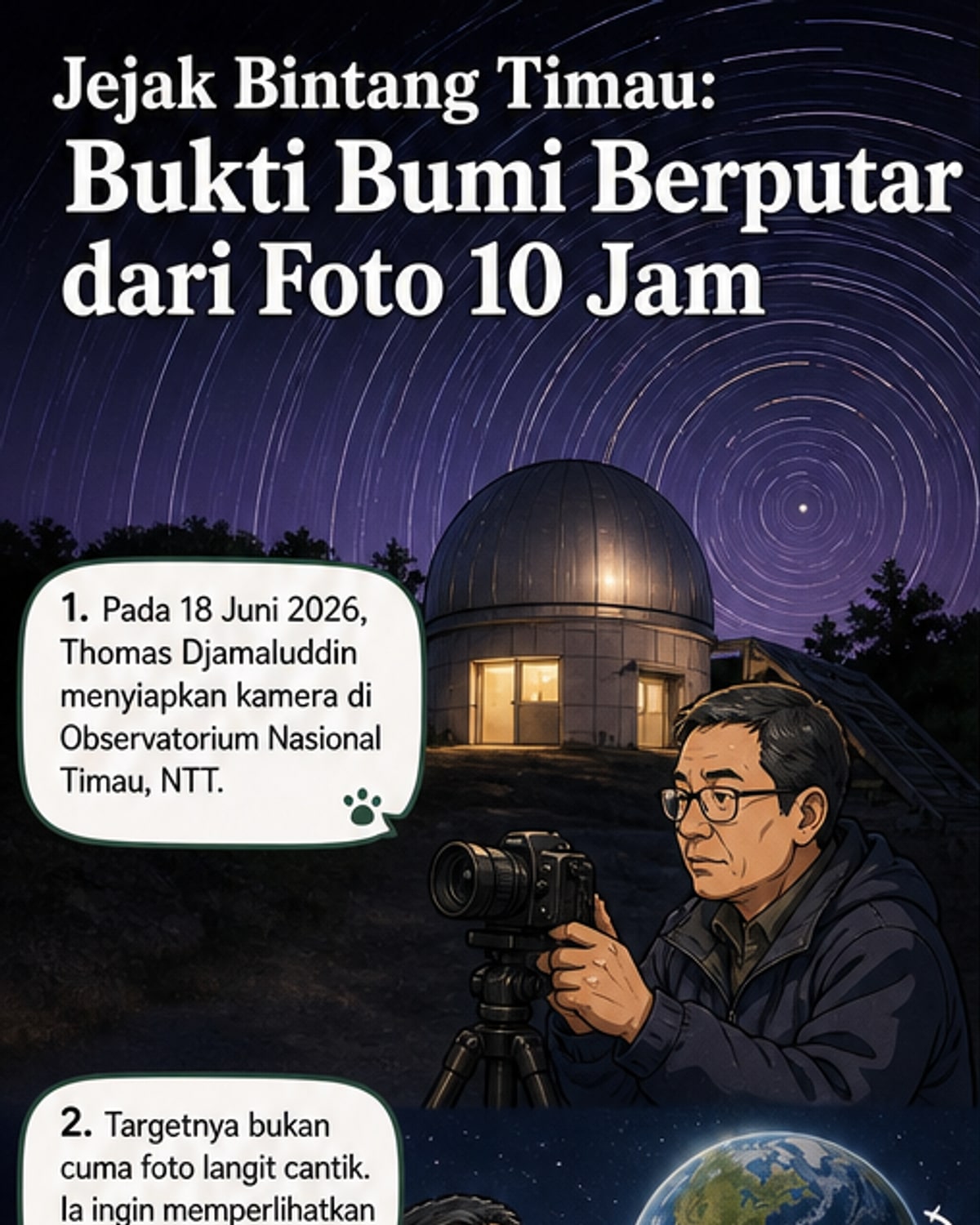 Foto komposit bintang berbentuk lingkaran konsentris di langit malam dengan latar depan kubah Observatorium Nasional Timau di Nusa Tenggara Timur