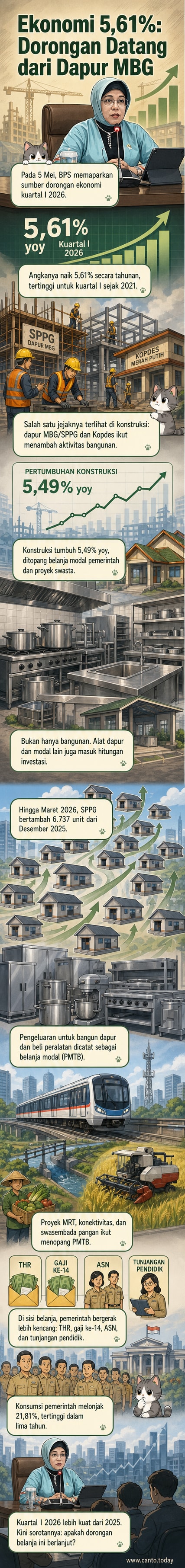 Ilustrasi dapur komunitas dan koperasi desa dengan grafik pertumbuhan ekonomi 5,61% di latar belakang, menggambarkan kontribusi program pemerintah terhadap pemulihan ekonomi lokal.