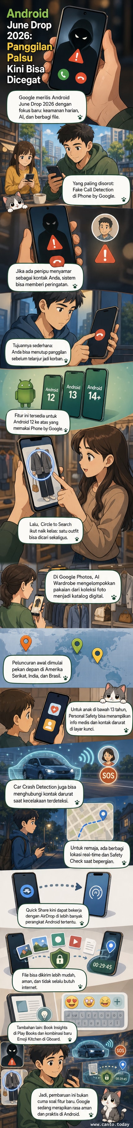 Ilustrasi tangan memegang ponsel Android dengan notifikasi fitur keamanan dan ikon emoji, menggambarkan peluncuran Android June Drop 2026.