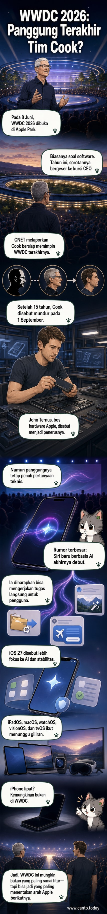 Ilustrasi Tim Cook berdiri di panggung WWDC dengan bayangan Steve Jobs dan John Ternus di belakangnya, layar menampilkan logo Siri yang diperbarui dan kalender bertuliskan '2026'.
