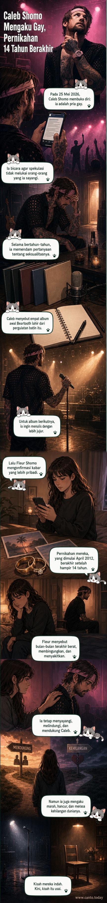 Ilustrasi vokalis Beartooth, Caleb Shomo, berdiri di atas panggung dengan latar sorot lampu dan ekspresi tegar, simbol pengakuan jujur atas identitasnya.
