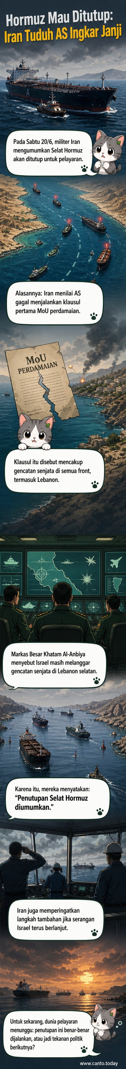 Ilustrasi kapal perang dan kapal tanker di Selat Hormuz dengan latar belakang ketegangan antara Iran dan sekutu AS-Israel.