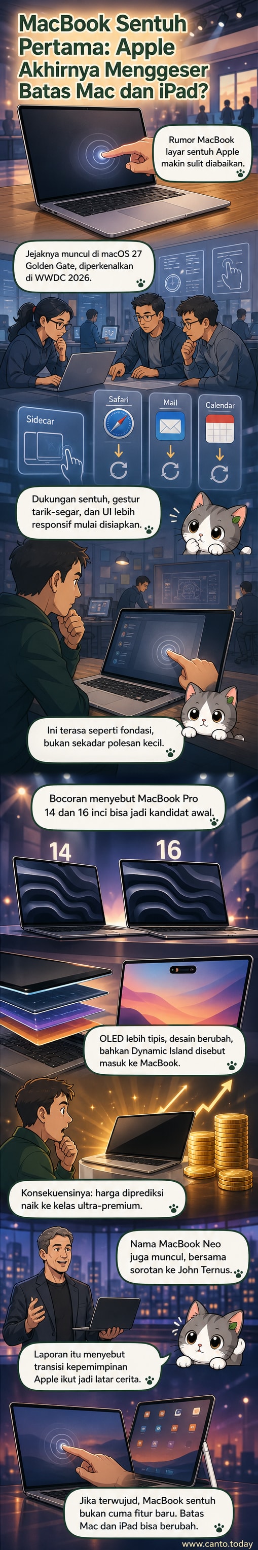 Ilustrasi konseptual MacBook dengan layar sentuh OLED dan Dynamic Island, menunjukkan perpaduan antara laptop profesional dan antarmuka interaktif ala tablet.
