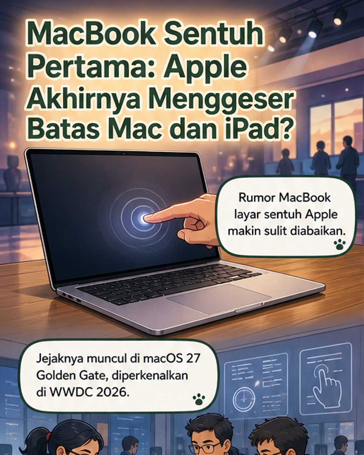 Ilustrasi konseptual MacBook dengan layar sentuh OLED dan Dynamic Island, menunjukkan perpaduan antara laptop profesional dan antarmuka interaktif ala tablet.