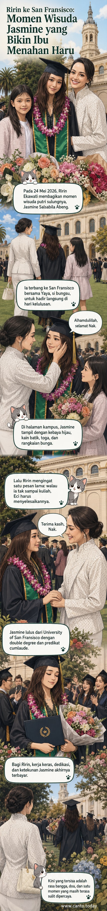 Ririn Ekawati dan putrinya Jasmine Abeng berpelukan di acara wisuda di University of San Francisco, mengenakan busana tradisional dan toga.