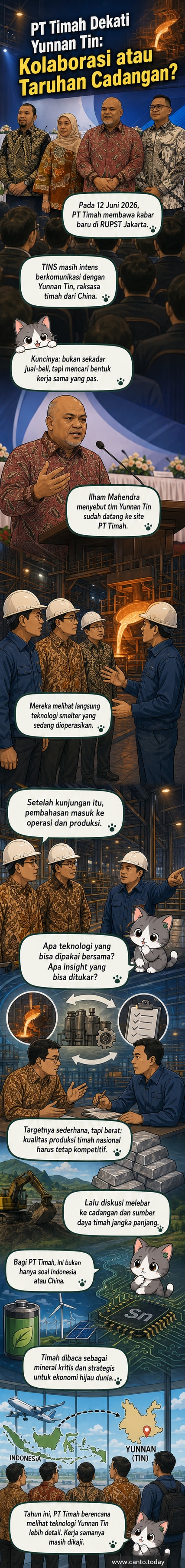 Ilustrasi dua perusahaan tambang berlogo Indonesia dan China berdiskusi di depan peta dan diagram teknologi smelter.