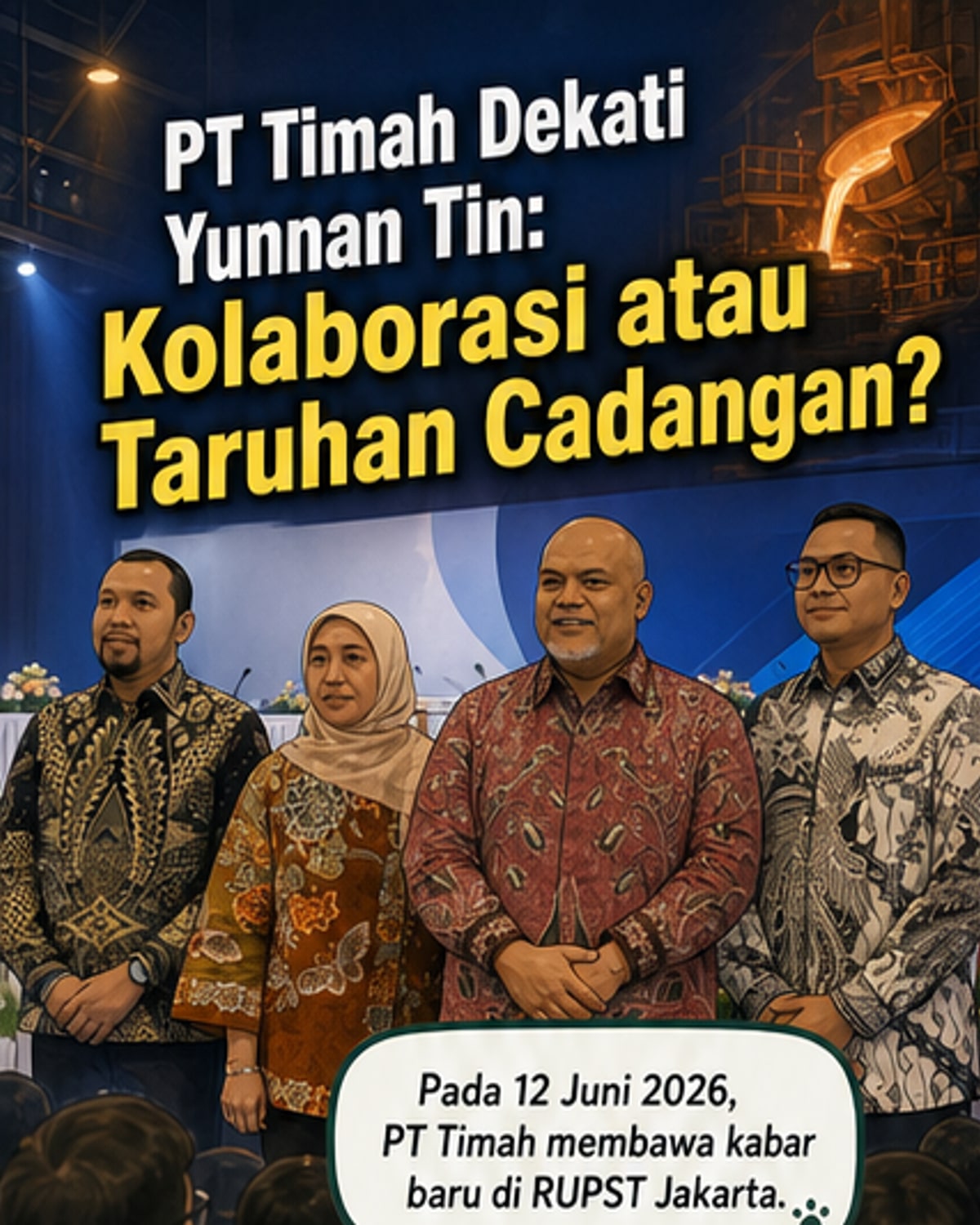 Ilustrasi dua perusahaan tambang berlogo Indonesia dan China berdiskusi di depan peta dan diagram teknologi smelter.