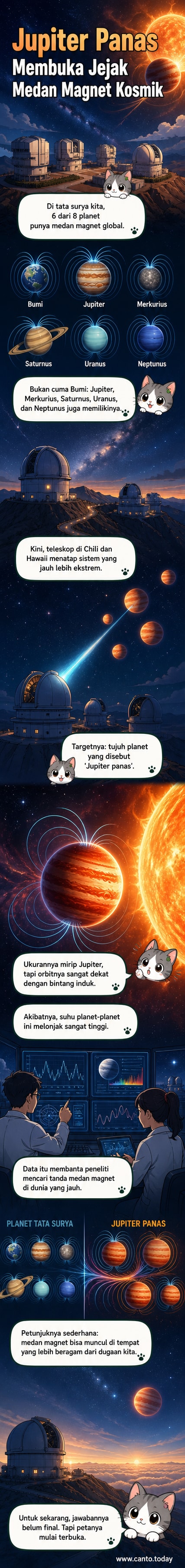 Ilustrasi planet gas raksasa berwarna merah-oranye sangat dekat dengan bintangnya, dengan garis-garis medan magnet yang menyala di sekitarnya.