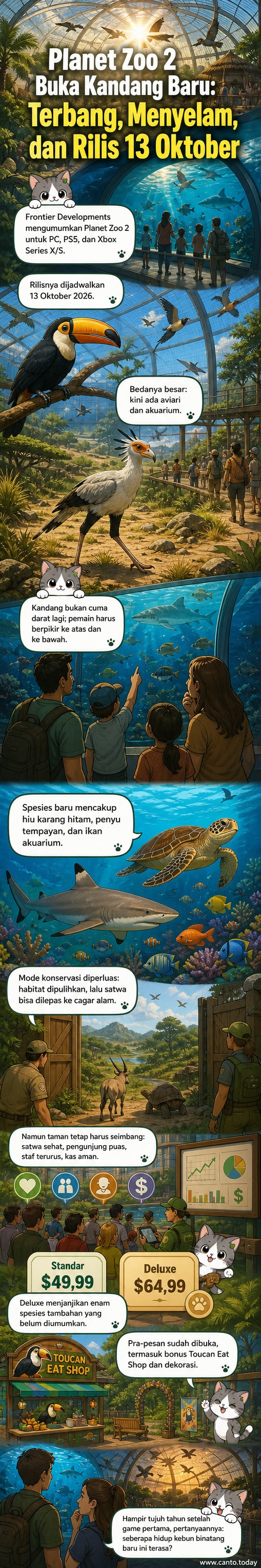 Ilustrasi digital menunjukkan taman satwa futuristik dengan aviari terbuka dan akuarium besar, menampilkan hewan terbang dan akuatik seperti toucan, secretary bird, dan penyu tempayan.