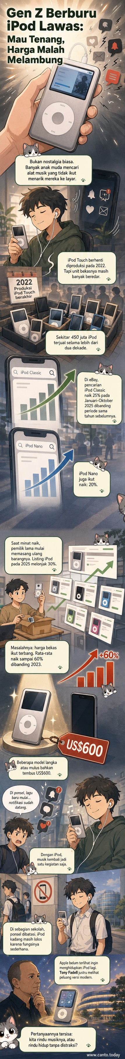 Ilustrasi iPod Classic berwarna putih dengan earphone ikonik, dikelilingi simbol musik dan gelombang suara, kontras dengan layar smartphone penuh notifikasi.
