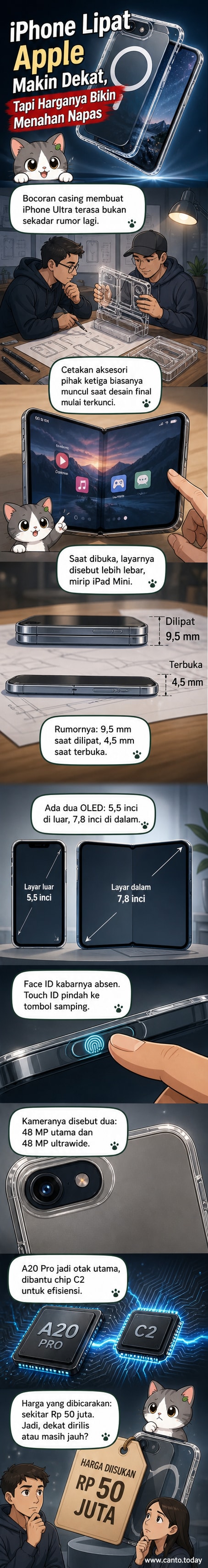 Ilustrasi ponsel lipat Apple dengan layar lebar mirip iPad Mini, menunjukkan desain tipis dan modul kamera belakang ramping.