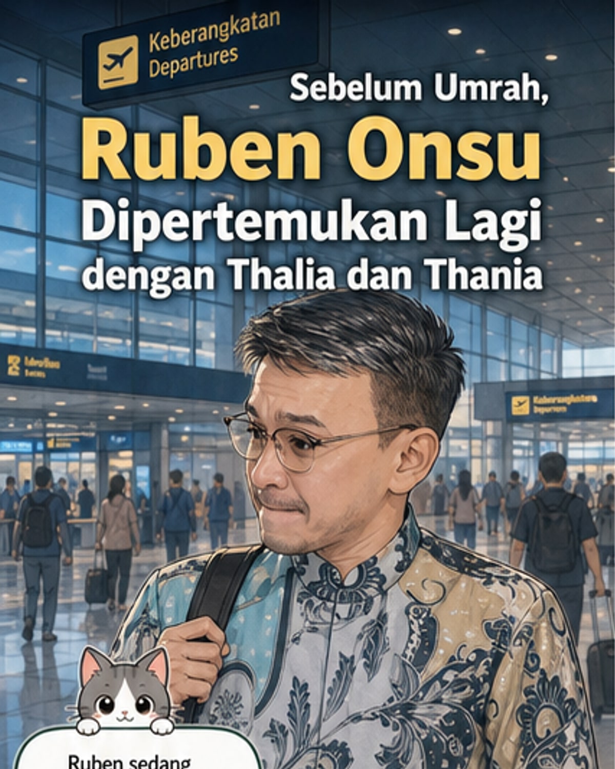 Ruben Onsu memeluk kedua putrinya, Thalia dan Thania, di area keberangkatan Bandara Soekarno-Hatta sebelum berangkat umrah.