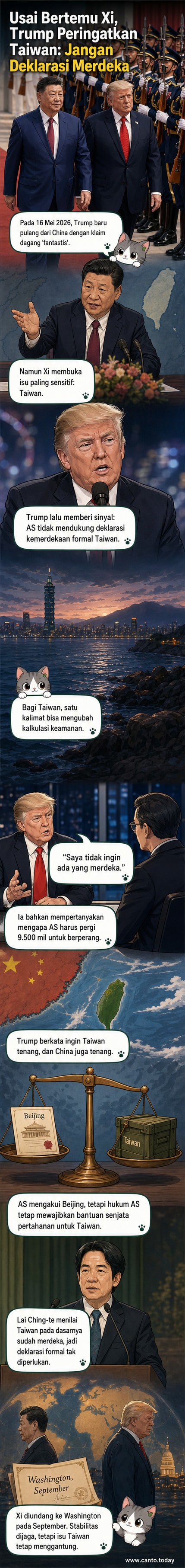 Ilustrasi dua pemimpin berdiri di sisi berlawanan dari peta Taiwan, dengan simbol perdamaian dan peringatan di atasnya.