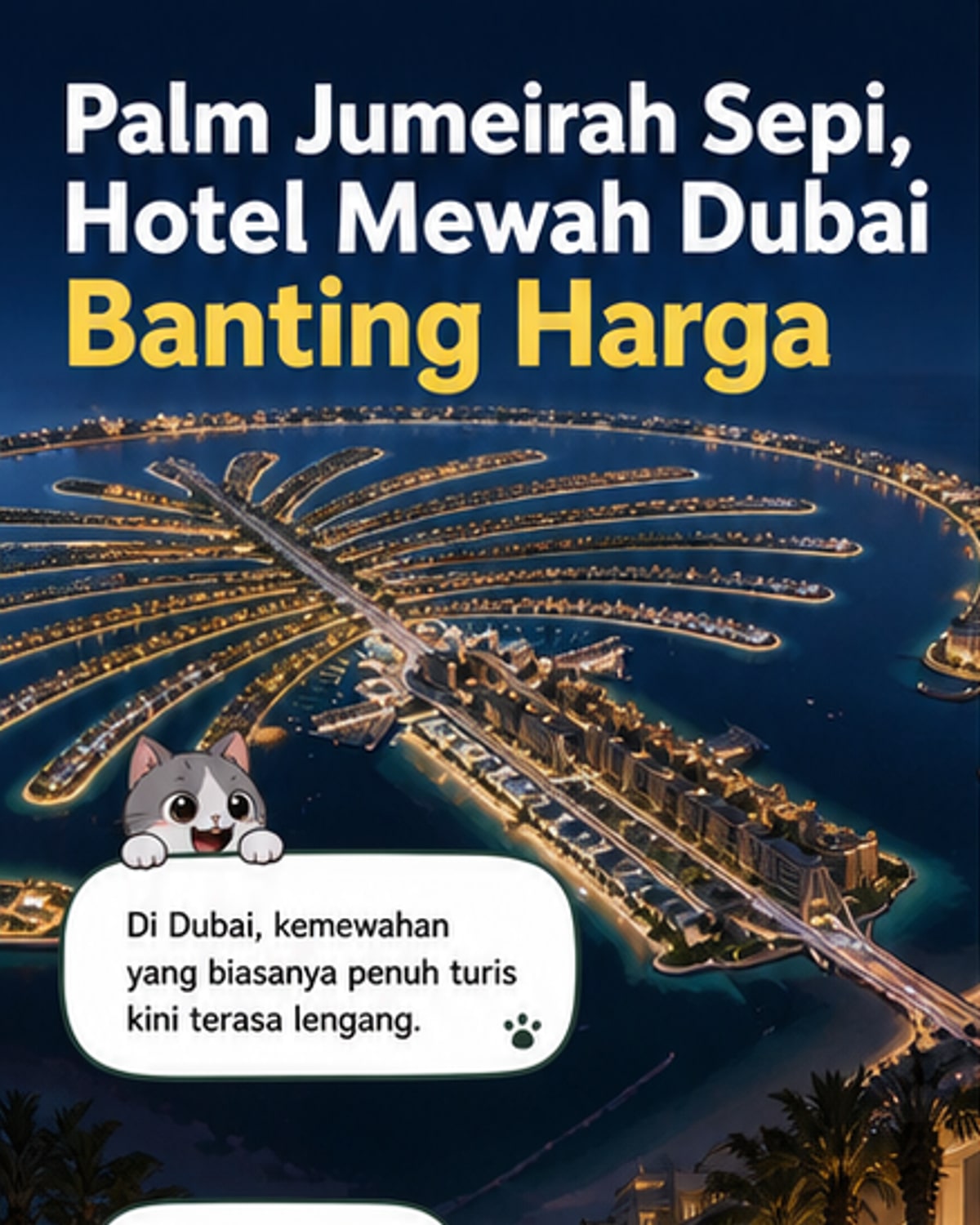 Pemandangan sepi di area kolam renang hotel mewah di Palm Jumeirah, Dubai, dengan beberapa pengunjung lokal menikmati fasilitas di tengah diskon besar akibat sepi wisatawan asing.