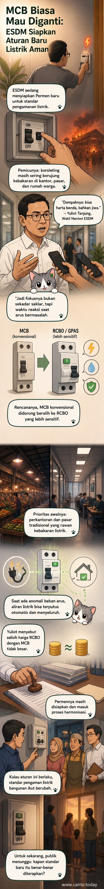 Ilustrasi dua jenis saklar listrik: MCB konvensional dan RCBO modern, dengan latar belakang instalasi listrik gedung dan pasar tradisional yang aman dari kebakaran.