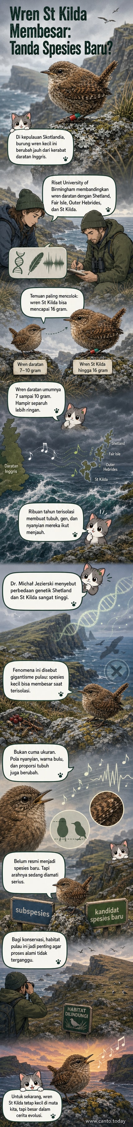 Ilustrasi burung wren kecil di samping versi lebih besar dari populasi St Kilda, menunjukkan perbandingan ukuran tubuh akibat evolusi terisolasi.