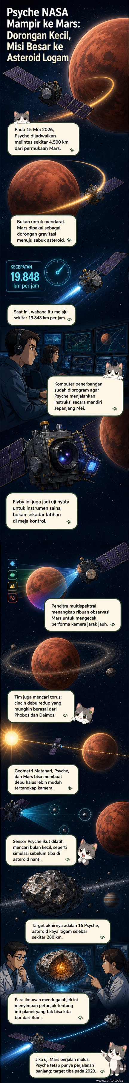 Ilustrasi pesawat luar angkasa Psyche melintas dekat Mars dengan latar belakang asteroid logam 16 Psyche dan Matahari.