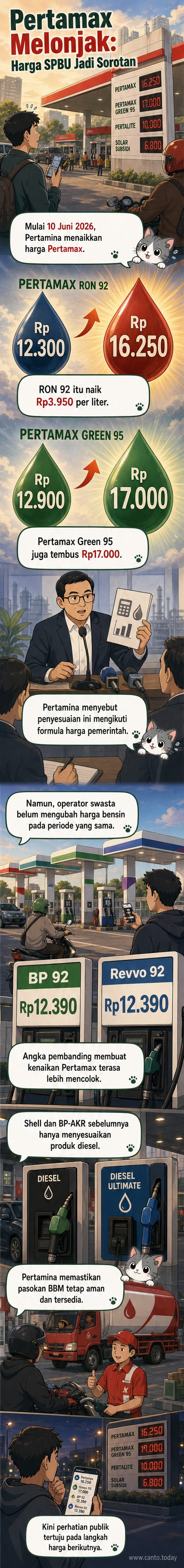 Tampilan perbandingan harga bensin di SPBU Pertamina, BP-AKR, Shell, dan Vivo per 10 Juni 2026, menunjukkan kenaikan besar di Pertamax dan Pertamax Green.