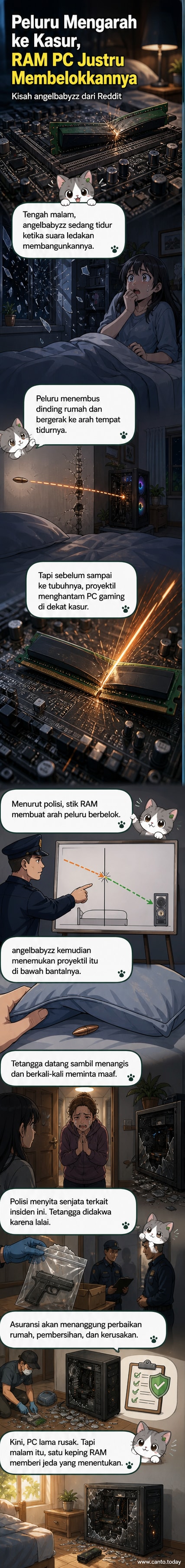 Ilustrasi PC gaming dengan casing retak dan stik RAM yang terkena peluru, dinding rumah berlubang, dan pecahan kaca di lantai