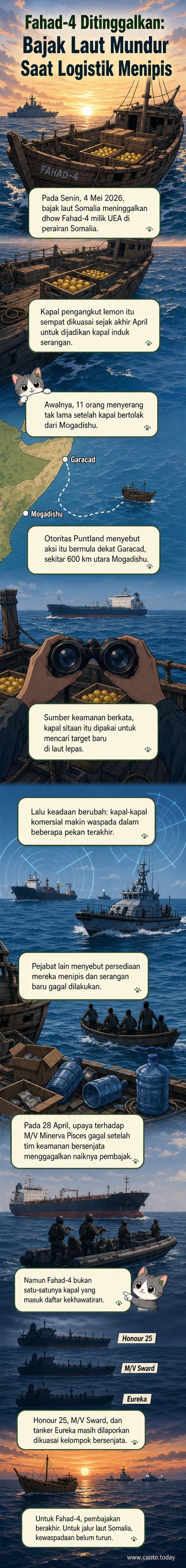 Ilustrasi kapal dhow kecil di laut lepas yang dikelilingi perahu kecil bersenjata, dengan latar kapal komersial di kejauhan dan pantai Somalia.